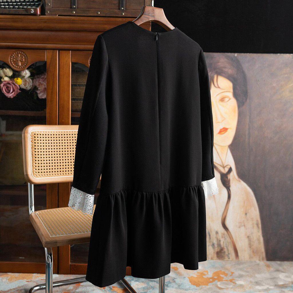 In Stock: High-End Women's Elegant Ruffle Lace Sleeve Slit Acetate Little Black Dress MG091