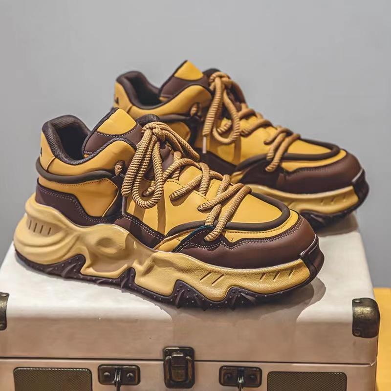 Fashion Chunky Sneakers Men Soft Sole Running Shoes Fashion Casual Leather Color Block Design Breathable Height Increased Platform Shoes