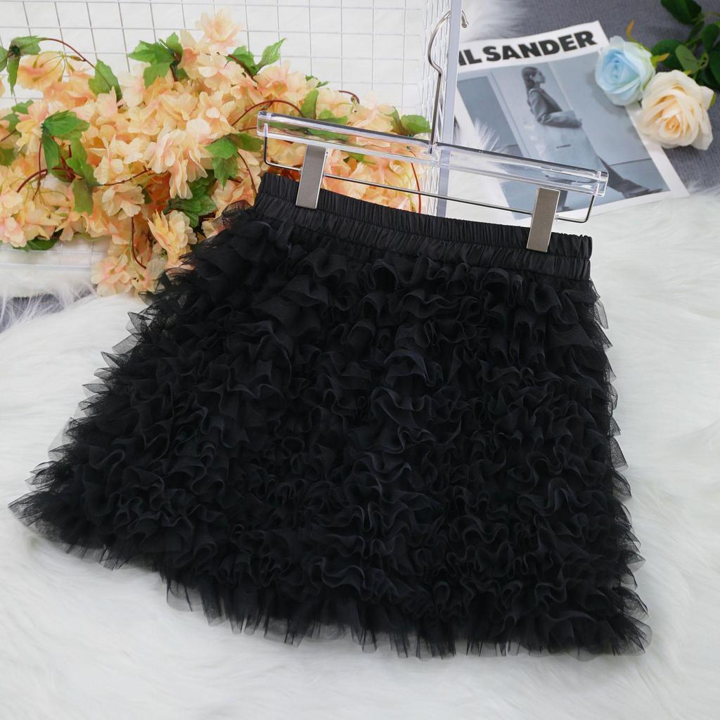 Korean Style Women's High Waist Mesh A-line Puffy Skirt - Autumn 2025