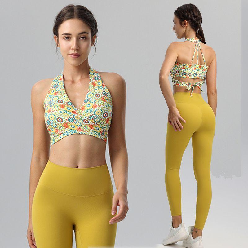 Halterneck Cross Strap Printing Yoga Clothing Top Women's Sexy Beauty Strap Chest Pad Fixed One-Piece Cup Sports Vest