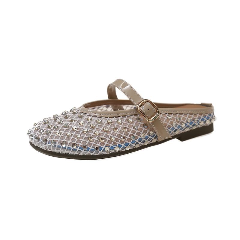Fashion Women's Fashion Baotou Slippers Spring New Round Head Rhinestone Mesh Cloth Soft Sole Anti-slip Wear-resistant Slippers