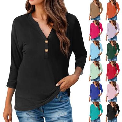 Damen Lässig Locker Sitzendes Einfarbiges T-Shirt Rundhals Pullover 3/4 Ärmel Top