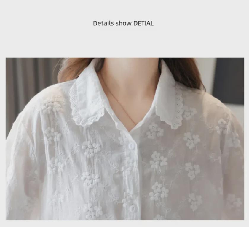 Cămașă de damă cu mânecă lungă, albă, din bumbac cu dantelă, cu rever - Chic Primăvara 2025