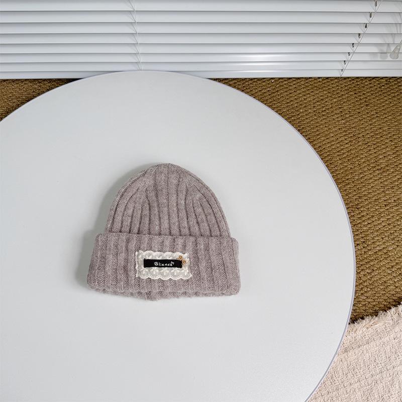 Children's Knitted Hat Lace Cloth Label English Embroidery Wool Beanie Autumn and Winter Warm Thickened Baby Ear Protection Hat