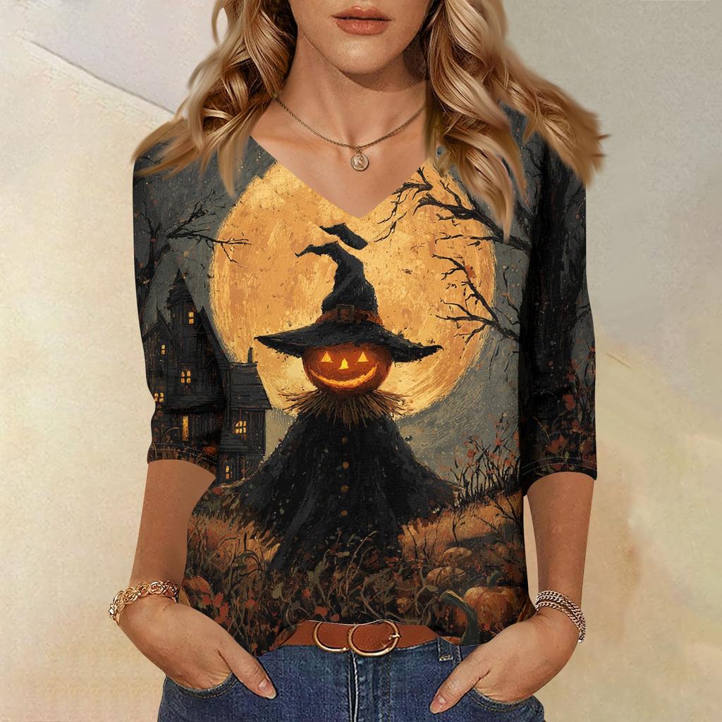 Women's Casual Halloween Print V Neck Top Three Quarter Sleeve Lightweight Blouse for Seasonal Wear