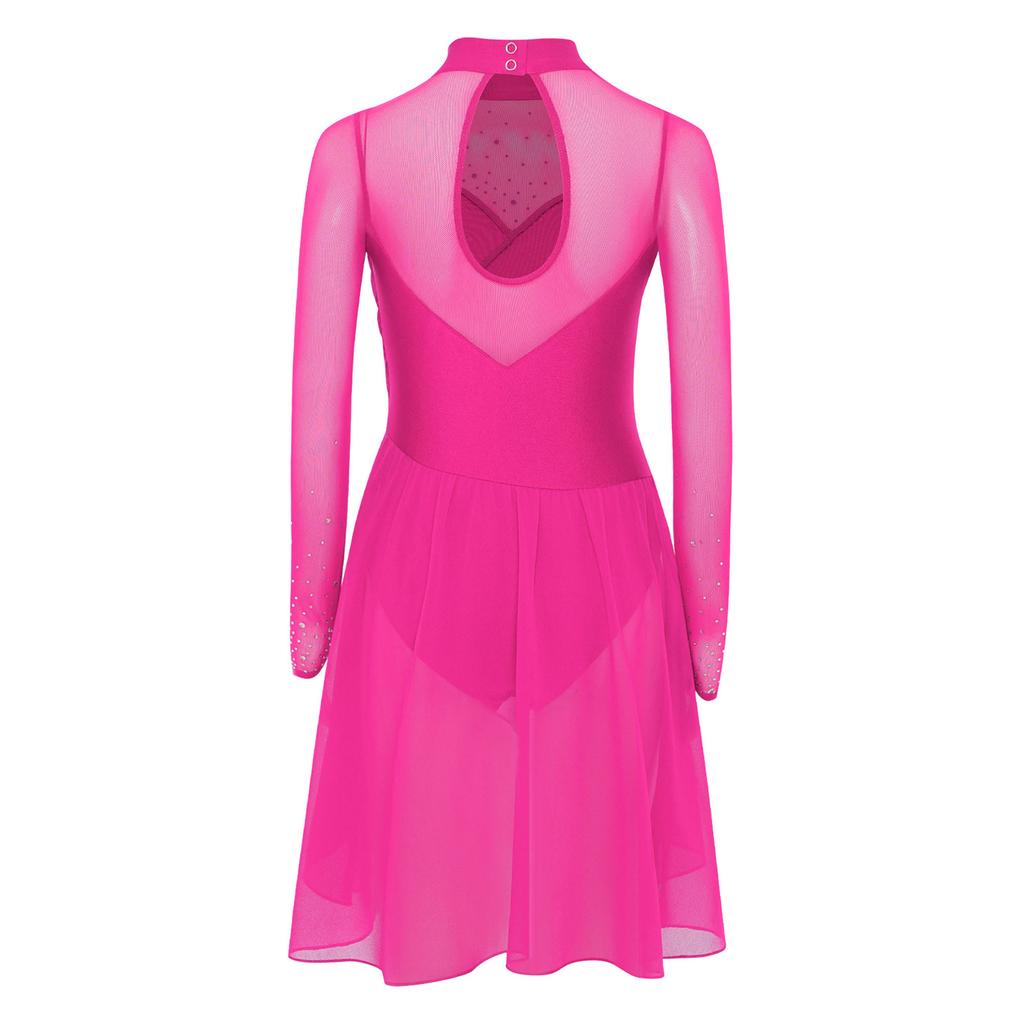 Girls Figure Skating Dance Dress Mesh Patchwork Long Sleeve Mock Neck Keyhole Back Shiny Rhinestones Irregular Hem Dress