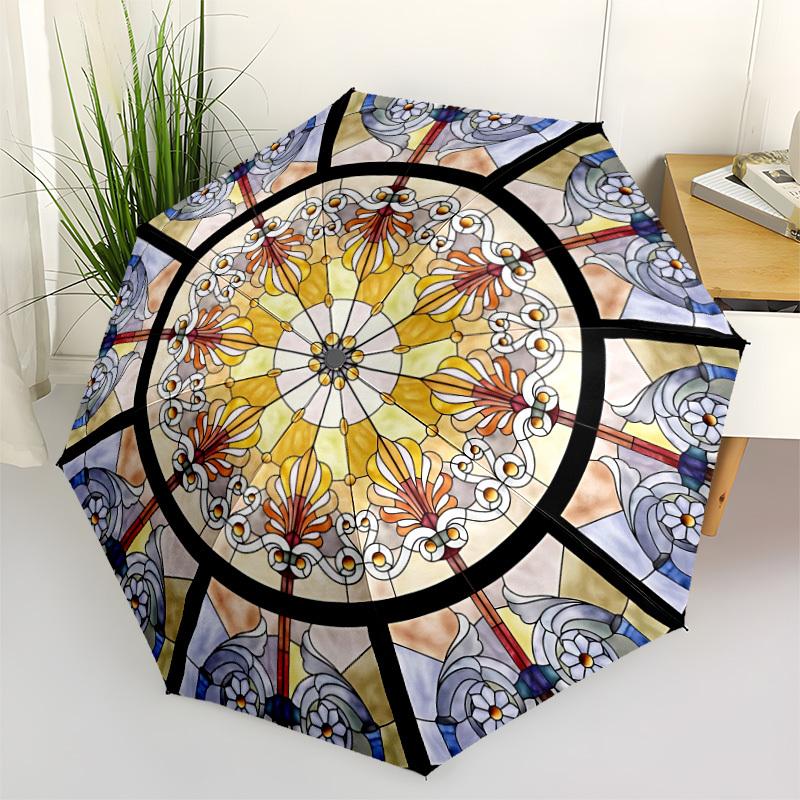 1pc Stained Glass Design Automatic Umbrella - 8-Rib Durable Frame, Portable Fashion Accessory & Holiday Gift Yy251117157