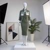 Womens Autumn Casual Zipper Green Dress Suit With Patching For Daily Wear