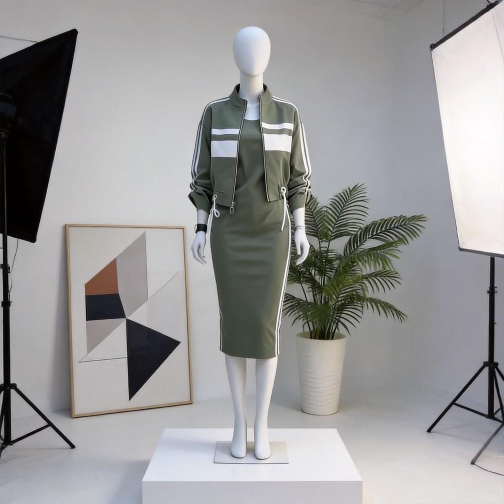 Womens Autumn Casual Zipper Green Dress Suit With Patching For Daily Wear