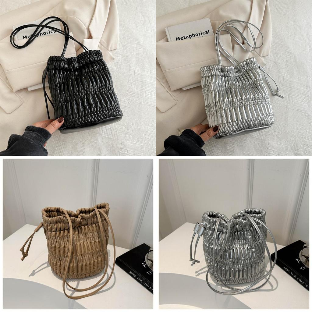 White Pink Silver Black Khaki Chic Street Style Pu Bucket Bag 2024 Summer Fashion Commuter Underarm Bag