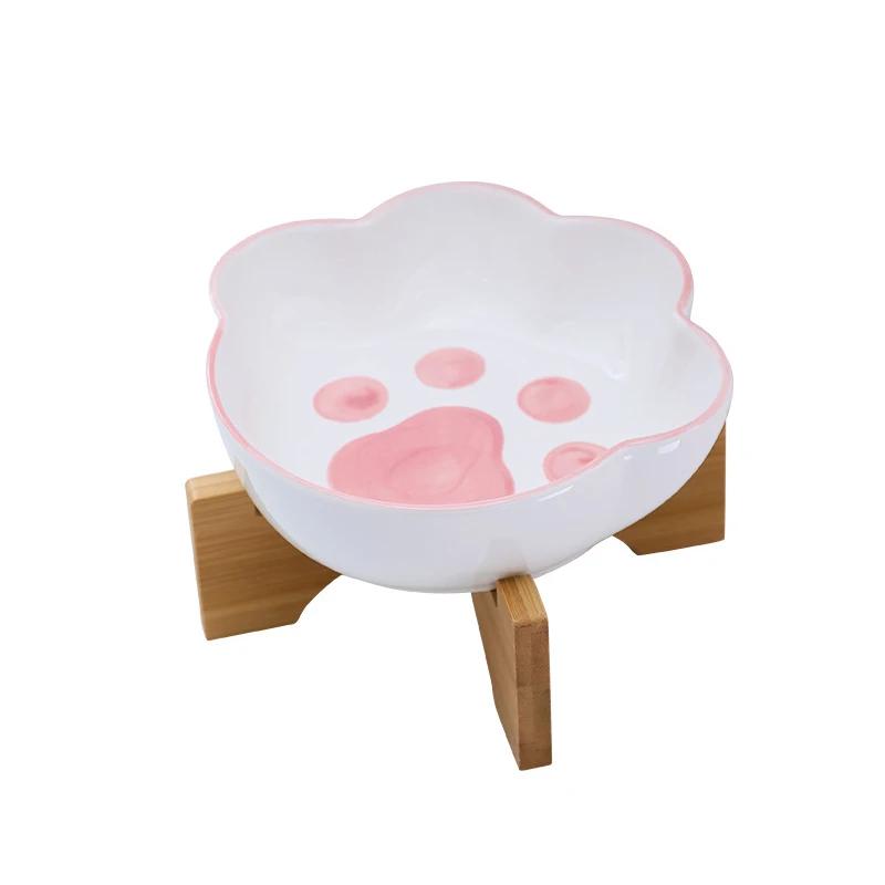 Cute Cat Dog Bowl Ceramic Pet Bowl with Bamboo Stand Cat Paw Shape Pet Drinking Bowl Food Container Cat and Dog Feeding Supplies