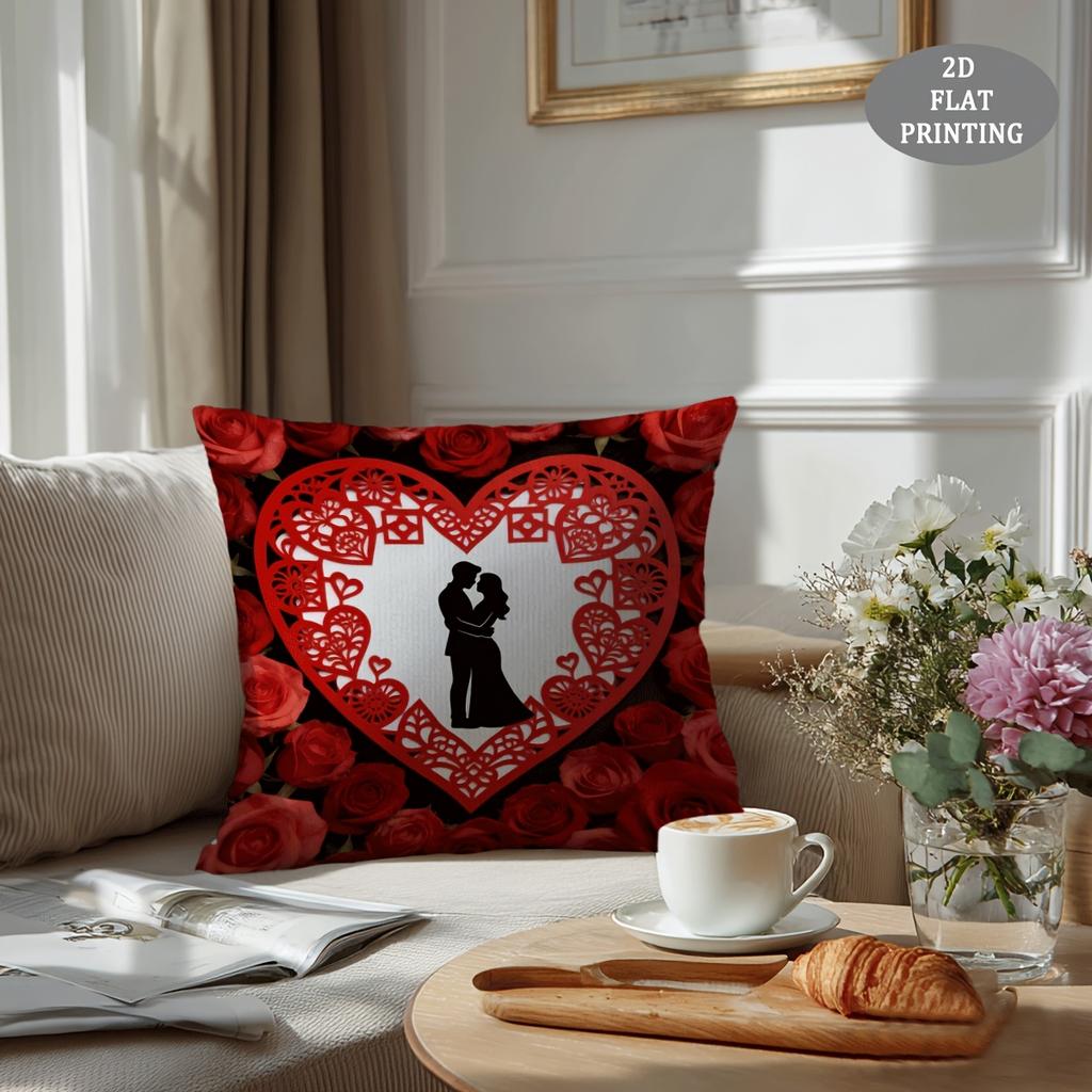 1pc Red Heart-Shaped Petal Pattern Plush Throw Pillow Cover | 2D Flat Printing, Single-Sided, 18x18 inch, Suitable for Sofa and Living Room Decor