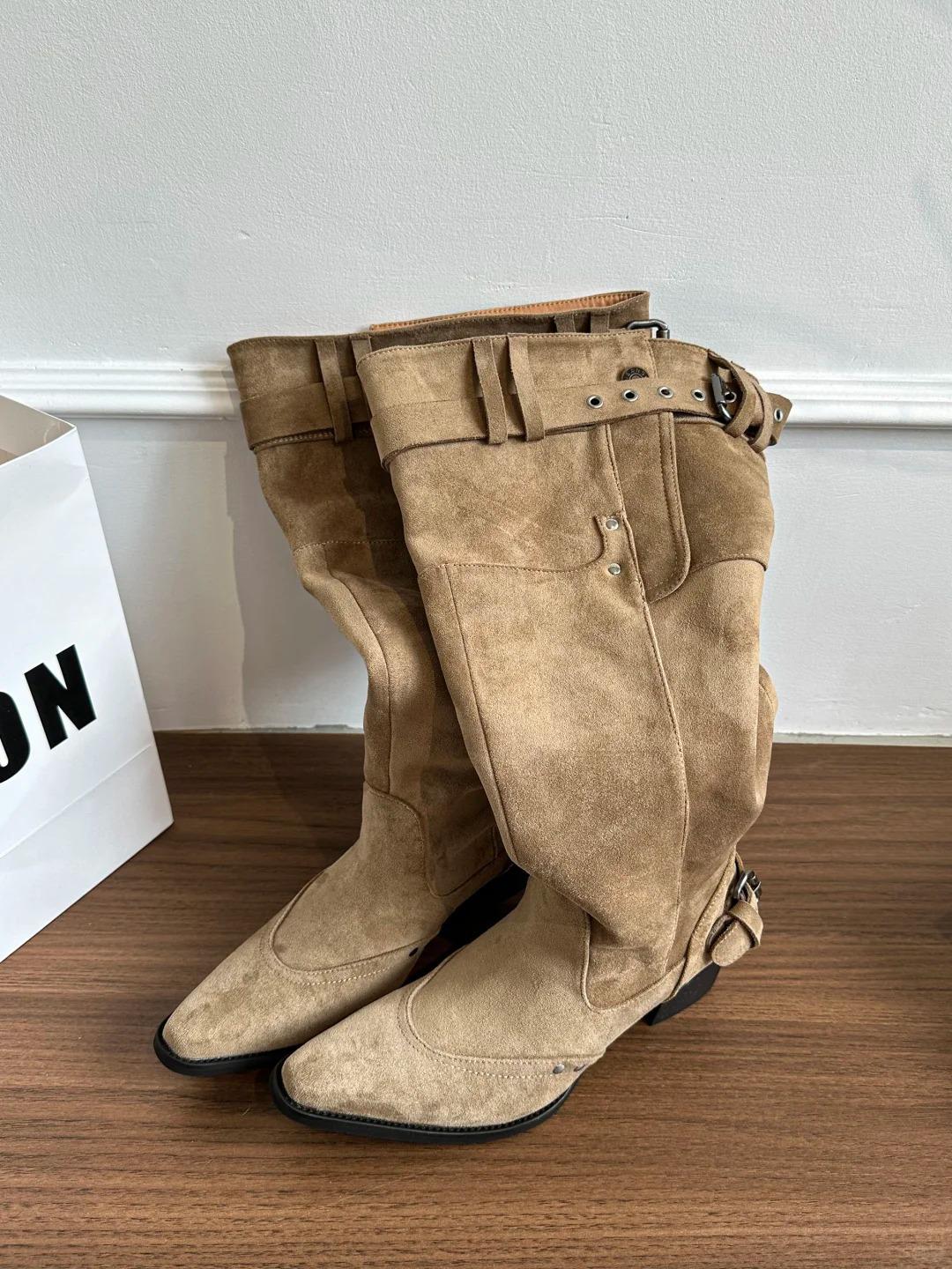 

But knee boots women s new khaki suede pointed boots children thick heel thin pleated piled boots 35 верблюд