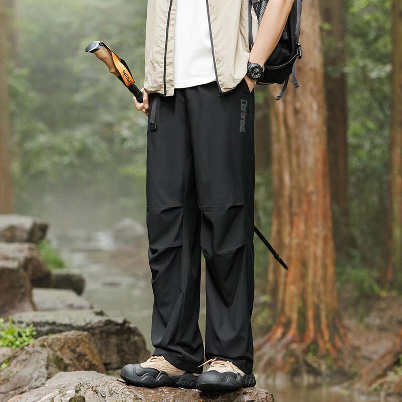 CLOR American-Style Paratrooper Pants for Men, Spring And Summer Breathable Loose Cargo Ice Silk Casual Straight-Leg Trousers, CL09 Black, Size S
