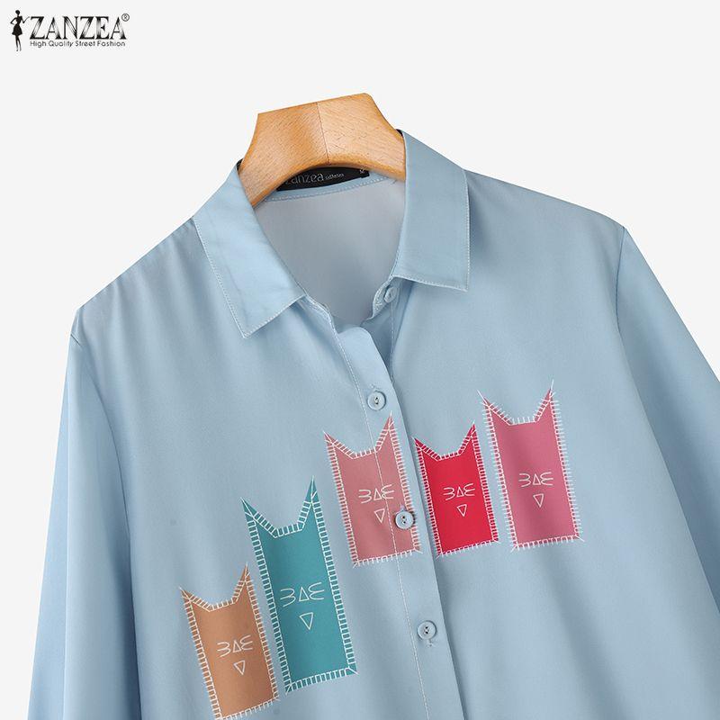 ZANZEA Damska luźna bluzka z długim rękawem i luźnym nadrukiem