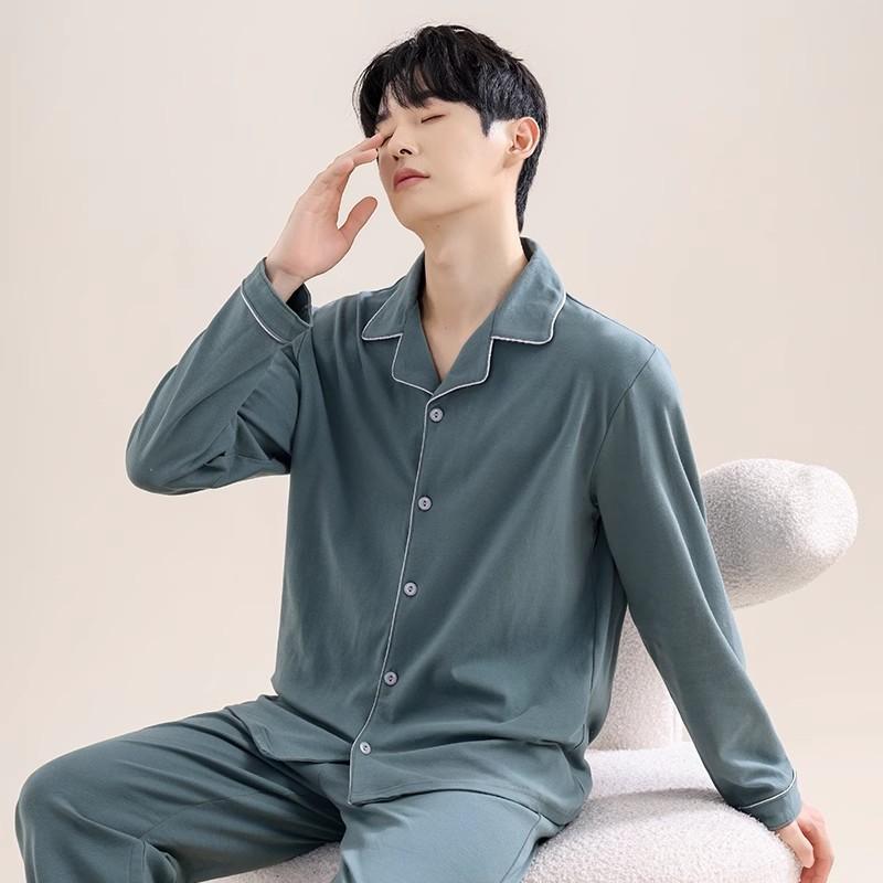 Fashion Brand Pajamas Suit Men Long-sleeved Pure Cotton Spring Autumn Gent Soft Cotton Summer Loungewear Set Male Nightcloth