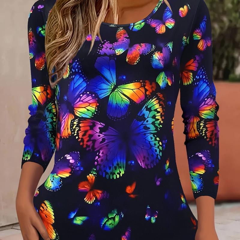 Women's Long Sleeve Colorful Butterfly Pattern T Shirts Tops 2024 Autumn New Fashion  Women's Top Harajuku Fun Pullover Clothing