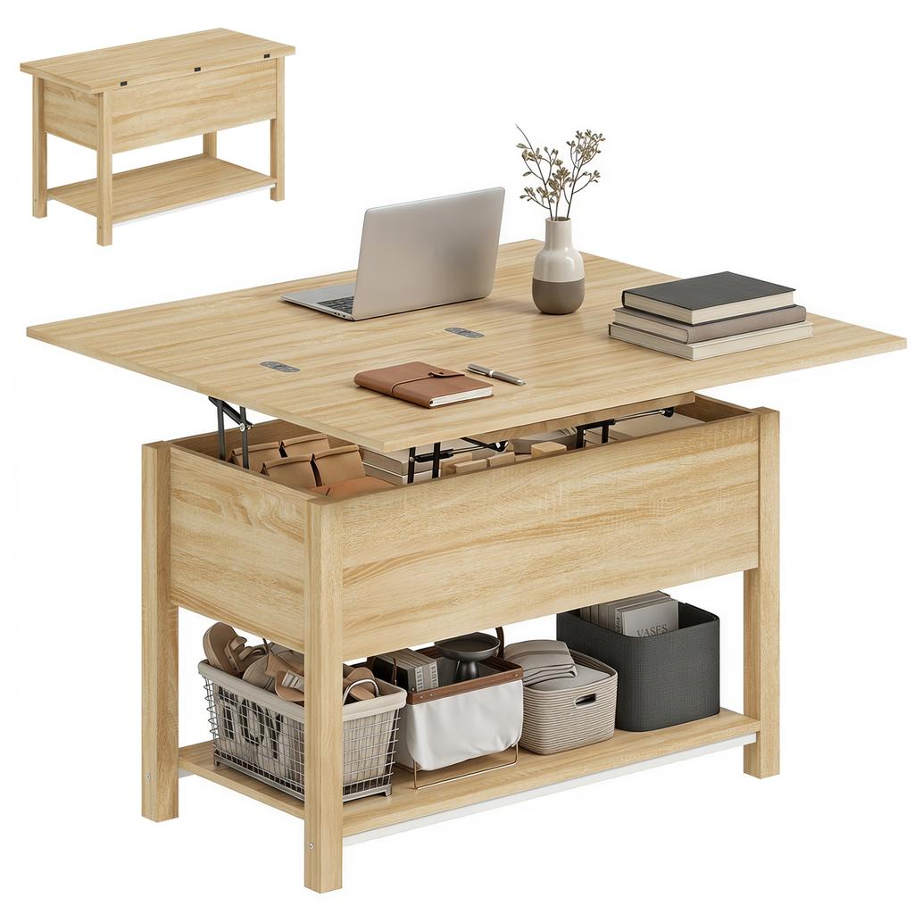Lift-Top Extendable Coffee Table, Hidden Compartment, Open Shelf, 100 x 45 x 50.5 cm, Natural Wood