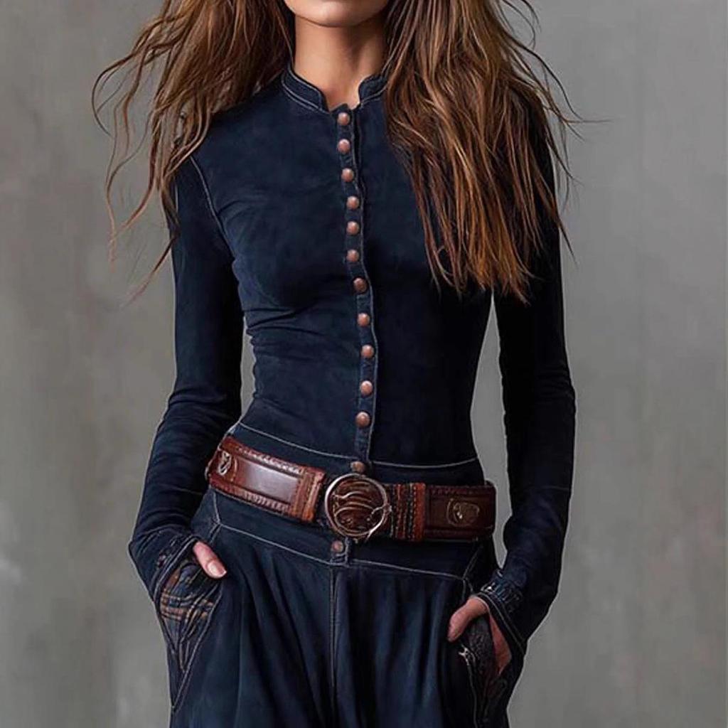 Suede Plaid Patchwork Skirt Dress with Pockets & Button Belt - Commuter Style