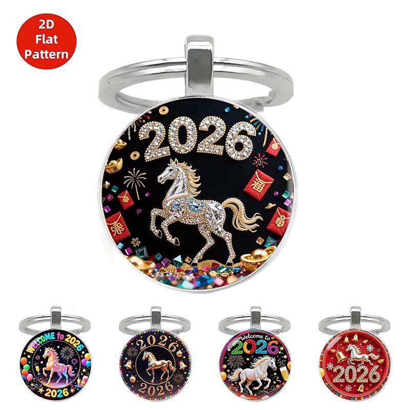 Vintage 2026 Year Of The Horse Design Dome Glass Alloy Pendant Keychain Backpack Hangings Decoration Gifts New Year