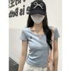 Summer new Korean version bm slim-fit half-open V-neck versatile embroidered design sense pure cotton short-sleeved T-shirt top women