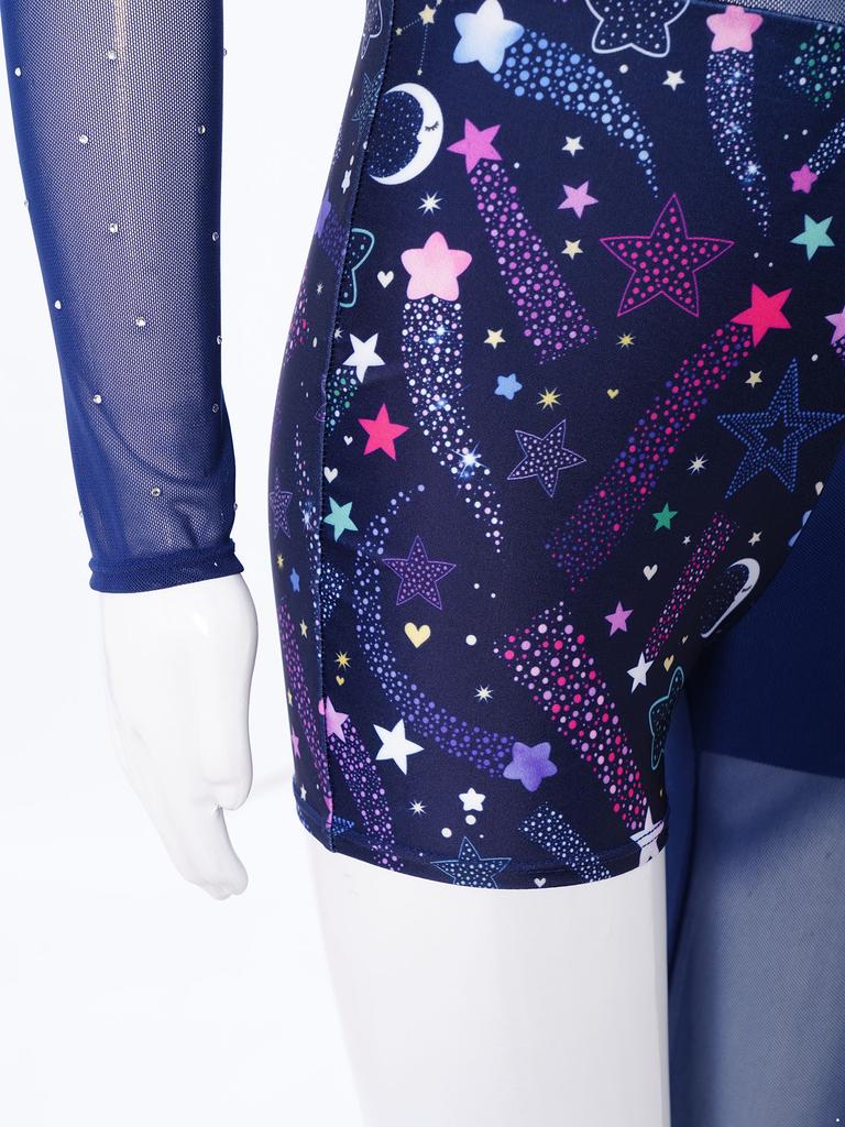 Girls Printed Gymnastics Leotard Star Leopard Snakeskin Design Shiny Rhinestones Sheer Mesh Patchwork Asymmetrical Bodysuit