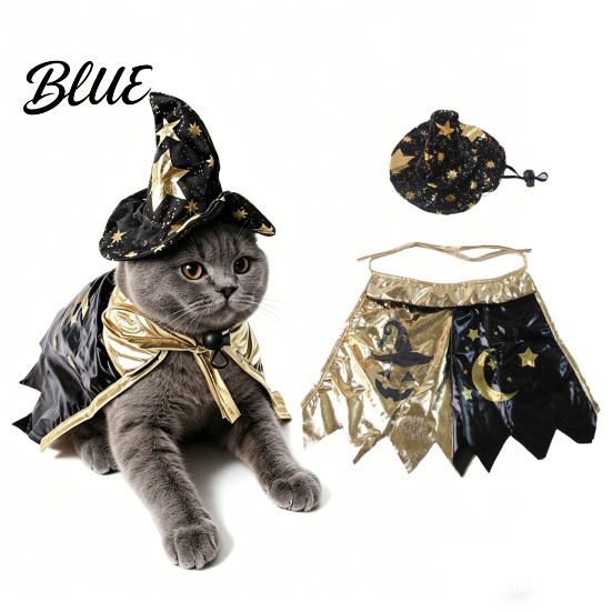 Small Dog Halloween Outfit 1 Set Cat Witch Costume Black Cape And Wizard Hat Moon Adjustable Pet Cloak Star Pointed Hat for Cats Medium Dogs Festive