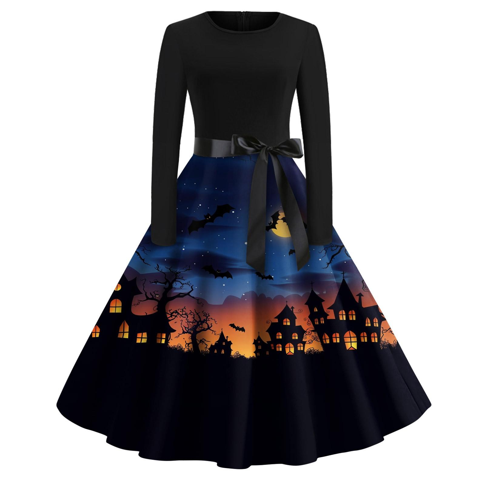 

Women s Fashion V-neck Casual Slim Fit Halloween Printed Long Sleeve Dress S