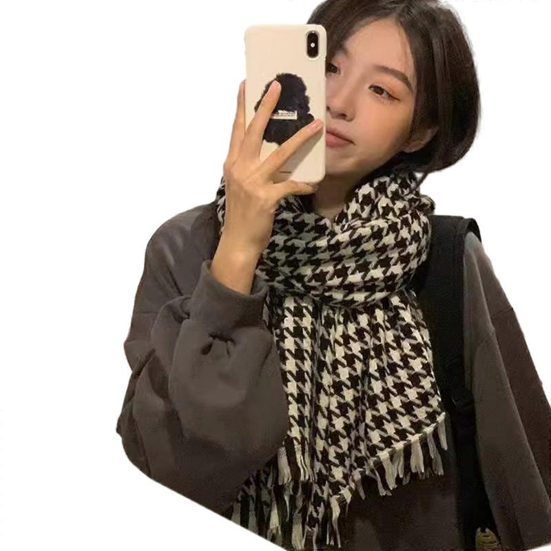 Classical Houndstooth Scarf for Women Girls Shawl 2000s Clothing Accessories Knitted Neckerchief Checkered Scarf Black
