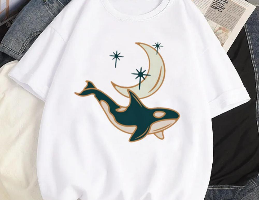 Women Y2K Fashion T Shirt Casual Loose Fit Tee with Cute Cartoon Whale Graphic Harajuku Style Top Daily Streetwear Oversized