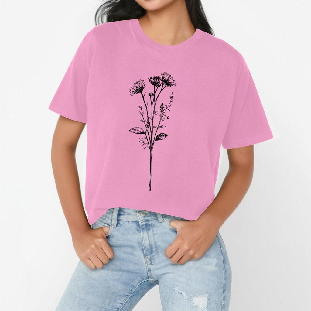 Women's casual floral print loose T-shirt crew-neck pullover short-sleeved top