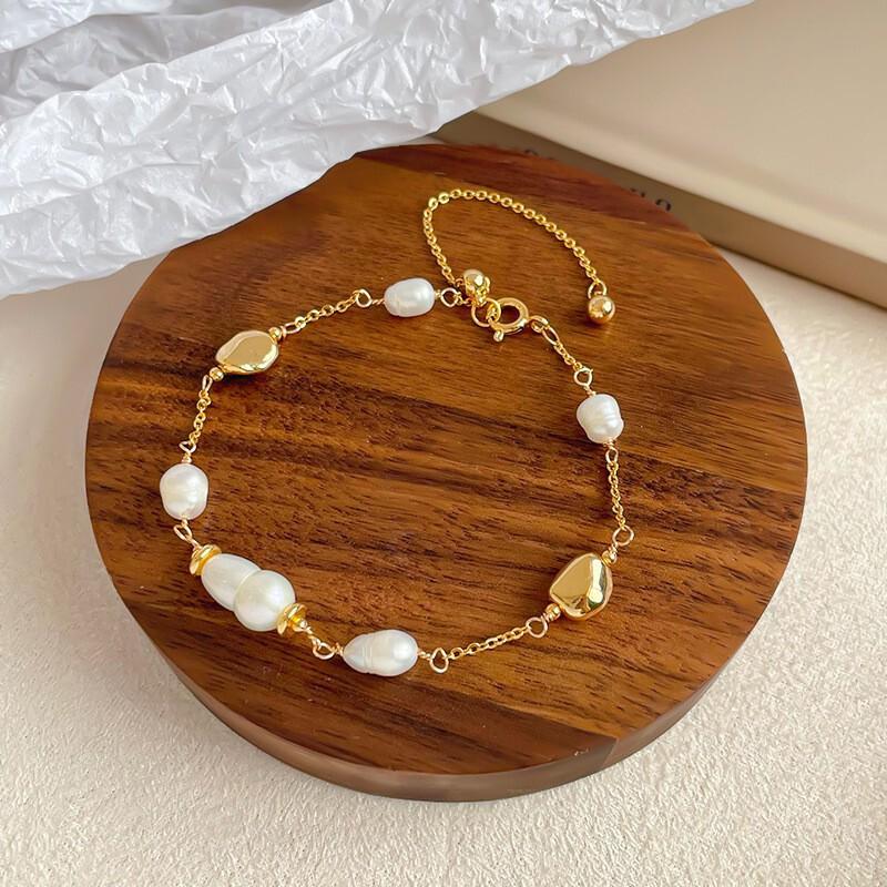 Elegant Freshwater Pearl Bracelet With 18K Gold Plated Copper Chain Baroque Geometric Design Women Handmade Jewelry