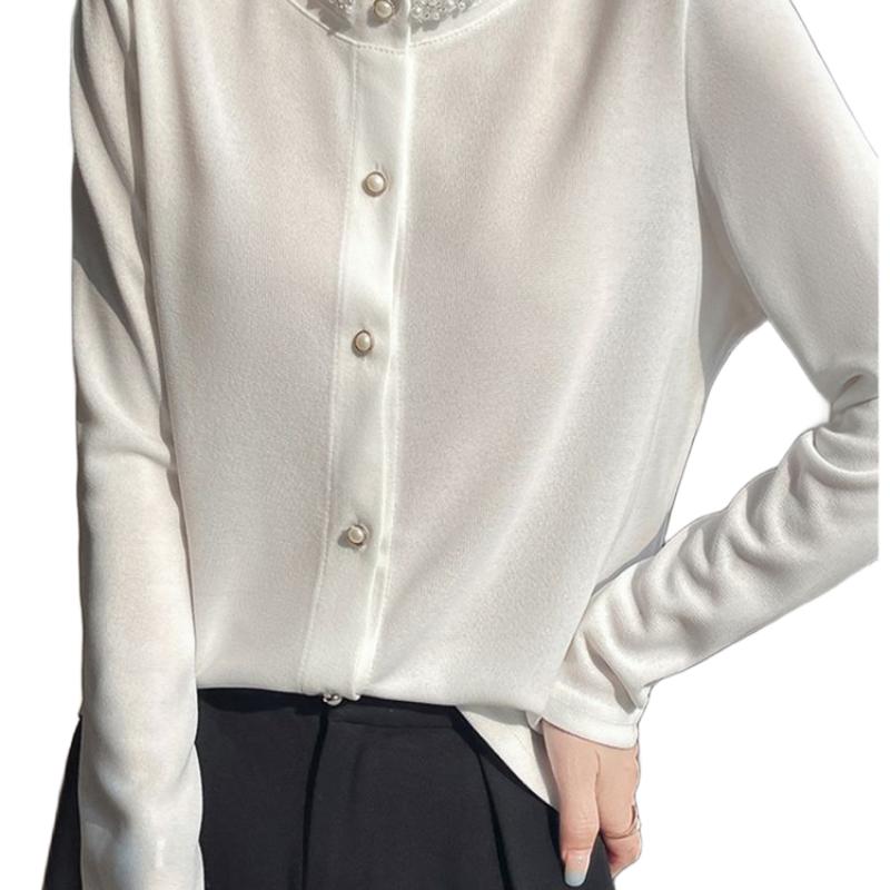 Women s Korean-Style Fashion Minimalist Versatile Top Pearl-Collar Long-Sleeve Cardigan Shirt S