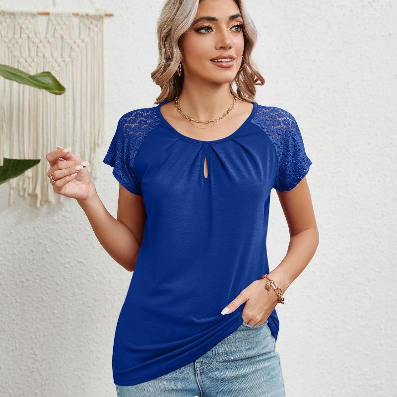 2024 Summer Lace Short Sleeve Loose Blouse for Women Fashion Solid Round Neck Casual Shirt Women Tops Elegant Simple Plus Size Female Blouses 24314