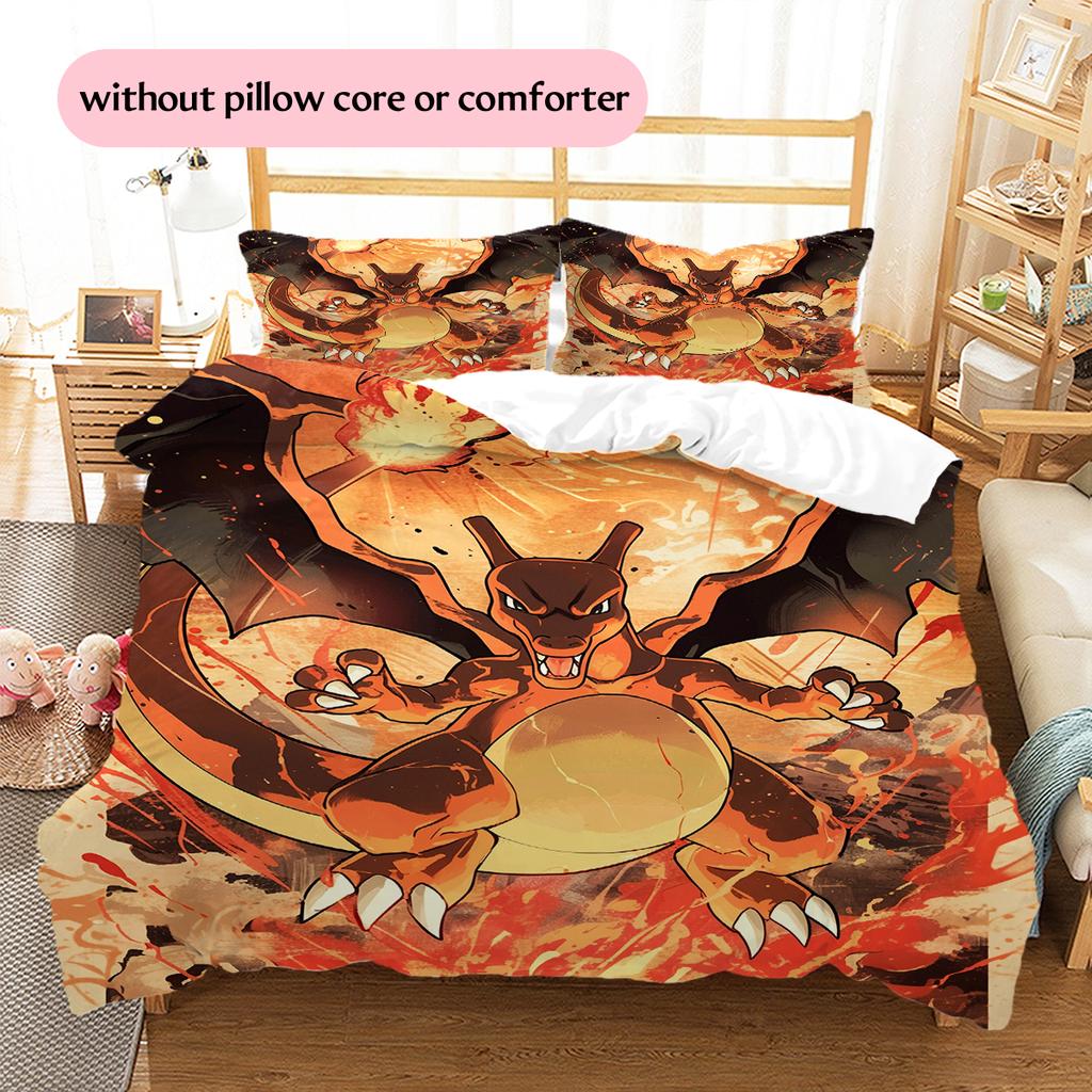 Pokémon Charmander Pattern Bedding Home Decoration Birthday Gift (1 * Duvet Cover + 2 * Pillowcase, Without Core)