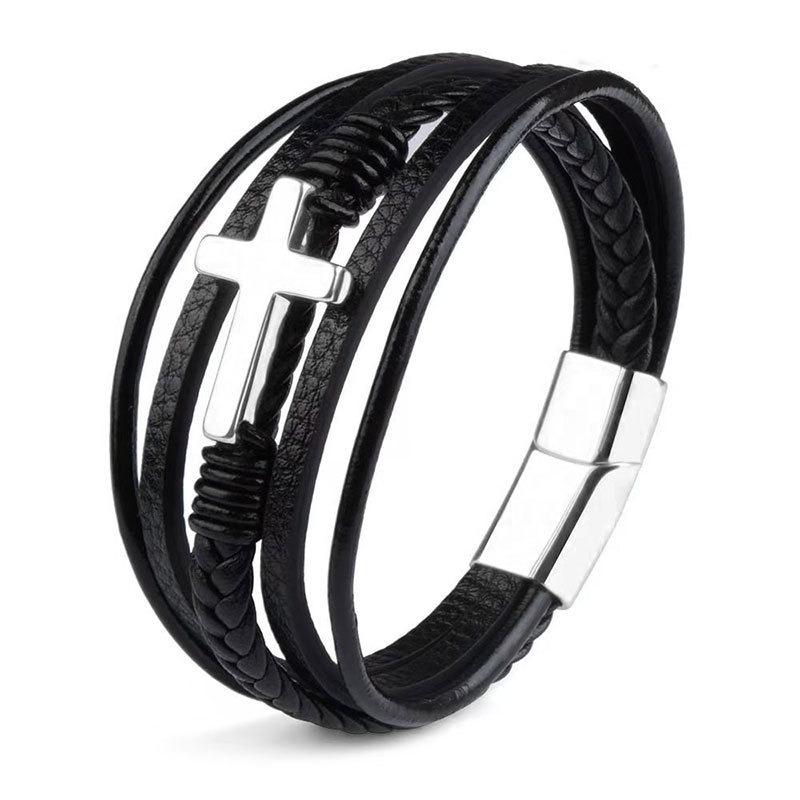 Punk Cross Leather Bracelet for Men Multi-layer Hand-woven Rope Magnetic Buckle Bracelet Accessory