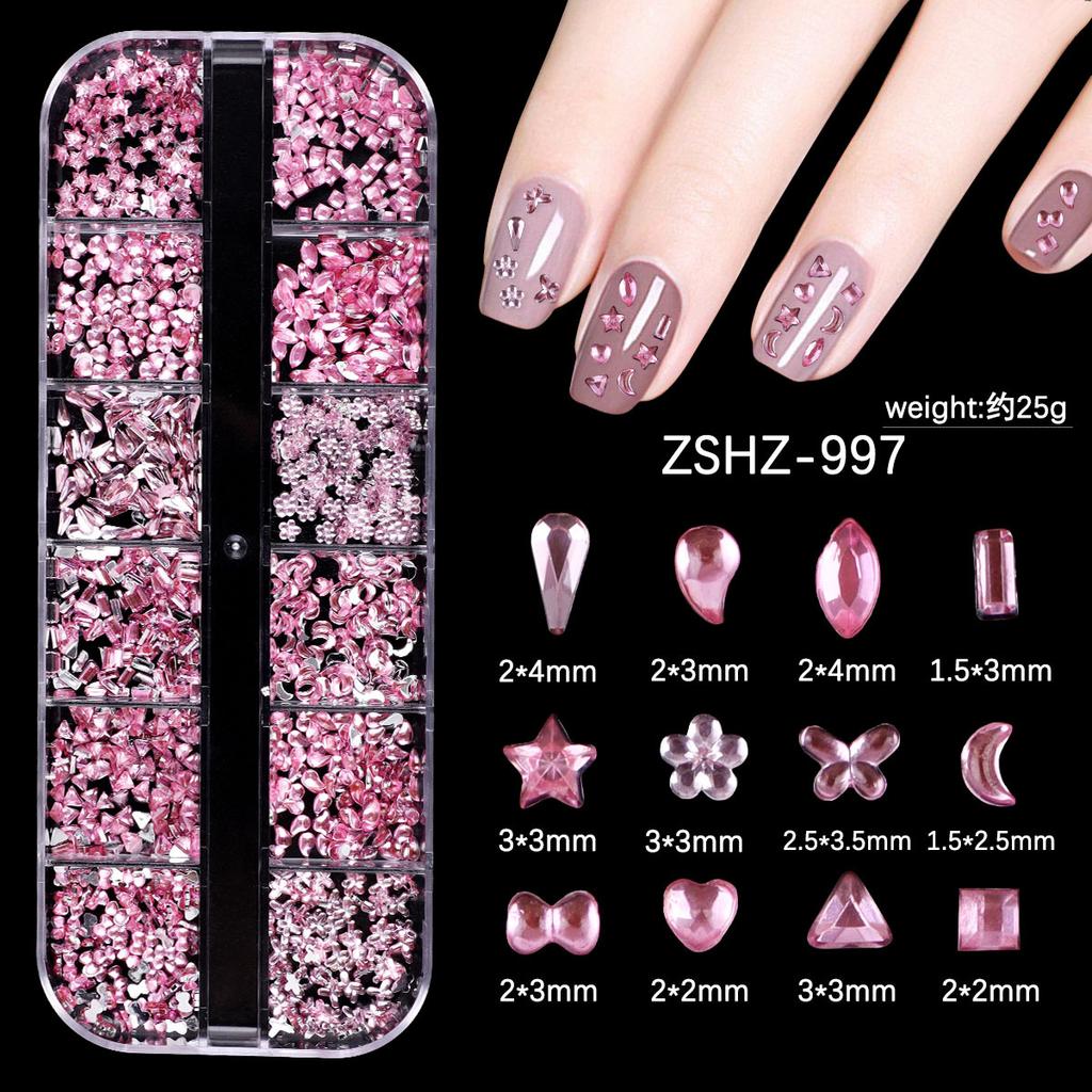 Nail Art Schmuck 12 Gitter Silber Mini Speziell geformter Diamant Acryl Stern Liebe Wassertropfen Schleife Gemischt Flachboden Diamant