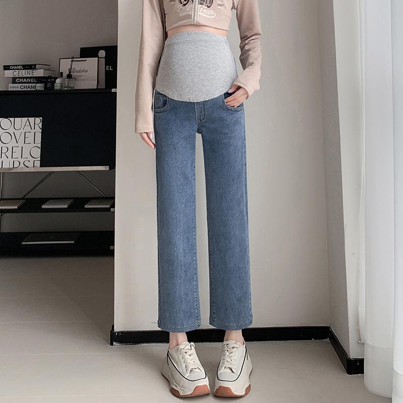 2026 Spring and Autumn Maternity Jeans for Outerwear, High-Waisted, Belly Support, Cropped Straight-Leg Slimming Pants