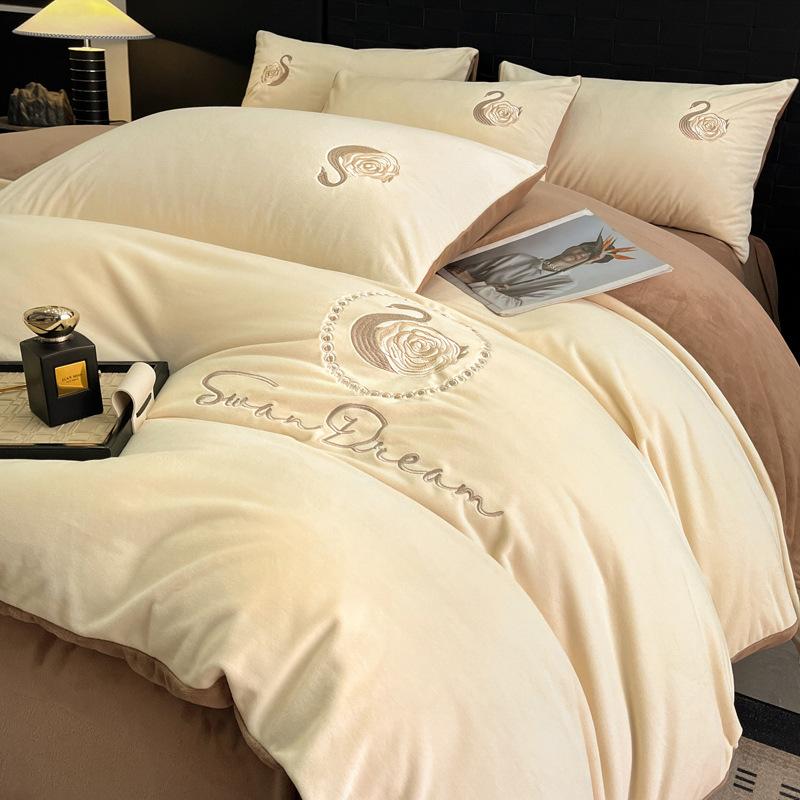 Thickened Milk Fleece Four-Piece Set, Coral Double-Sided Fleece Embroidered Crystal Fleece Quilt Cover, Bed Sheet, Bed Hat Three-Piece Set