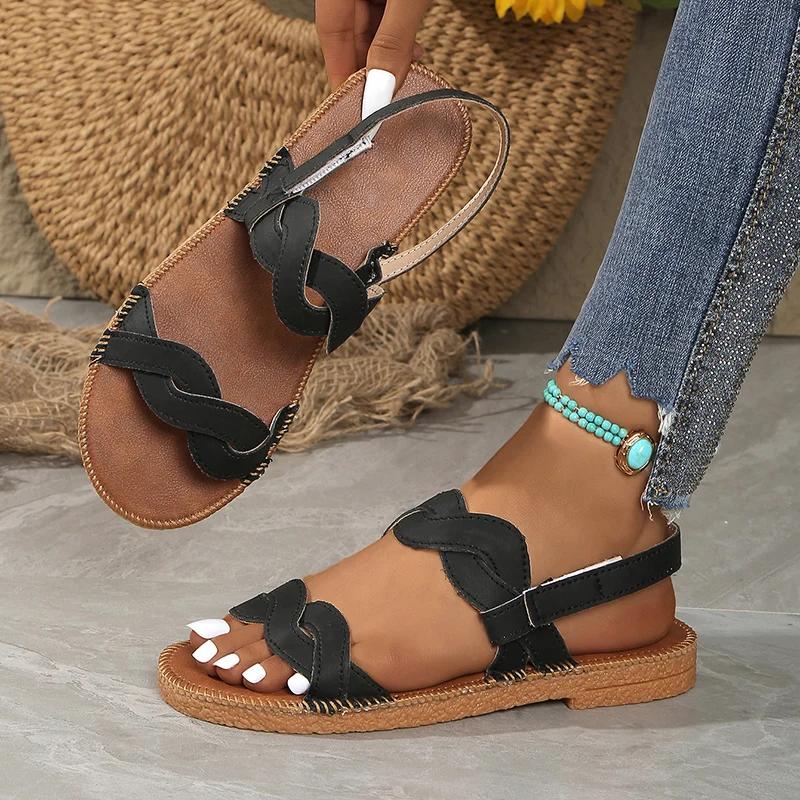 Fashion Summer Beach Flat Heels Sandals Women Plus Size 43 Woven Band Non Slip Rome Shoes Woman Back Strap Pu Leather Sandalias De Mujer