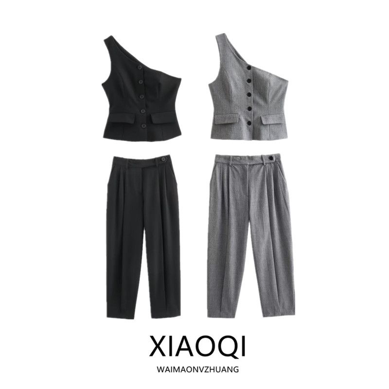 Spring 2024 New Leisure Suit Women's Asymmetric Vest 1608330 Pleated Design Skinny Pant 1608230