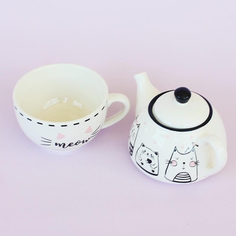 Cute French-Style Cat Ceramic Teapot Set With Matching Cup White Porcelain Tea Home Decor Gift