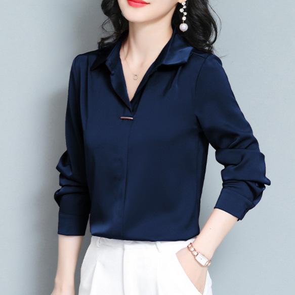 Neues, einfarbiges, lockeres Pendlerhemd im Herbststil für Damen, lässiges, vielseitiges Polokragenhemd