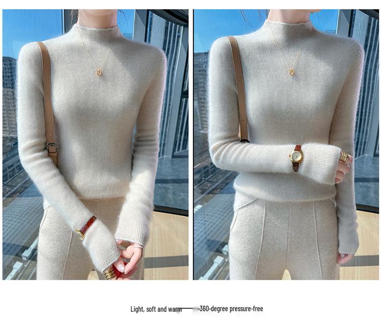 Women's Slimming Pure Wool Lace Half-High Collar Sweater - Ready-to-Wear Knit Pullover Base Layer