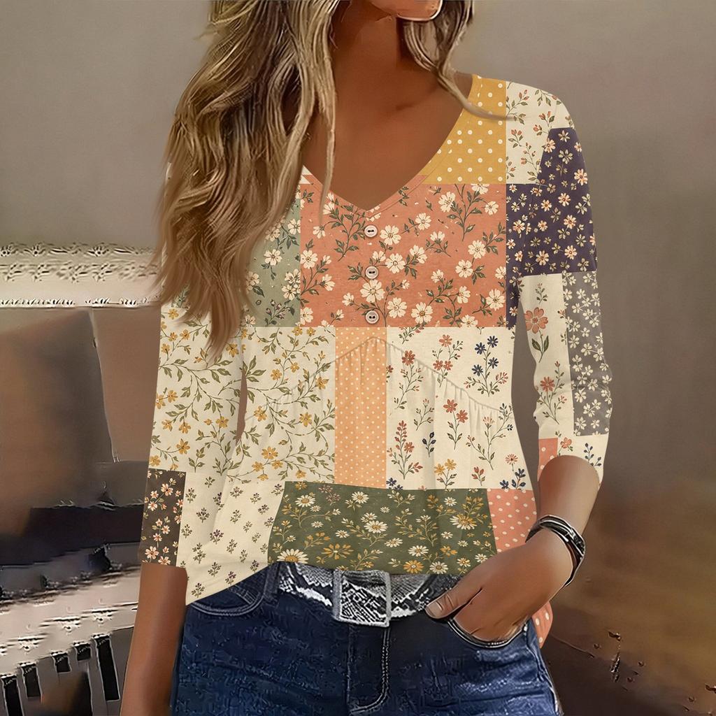 Womens 3/4 Sleeve V Neck Button Detail Floral Print Tunic Top Lightweight Casual Shirt