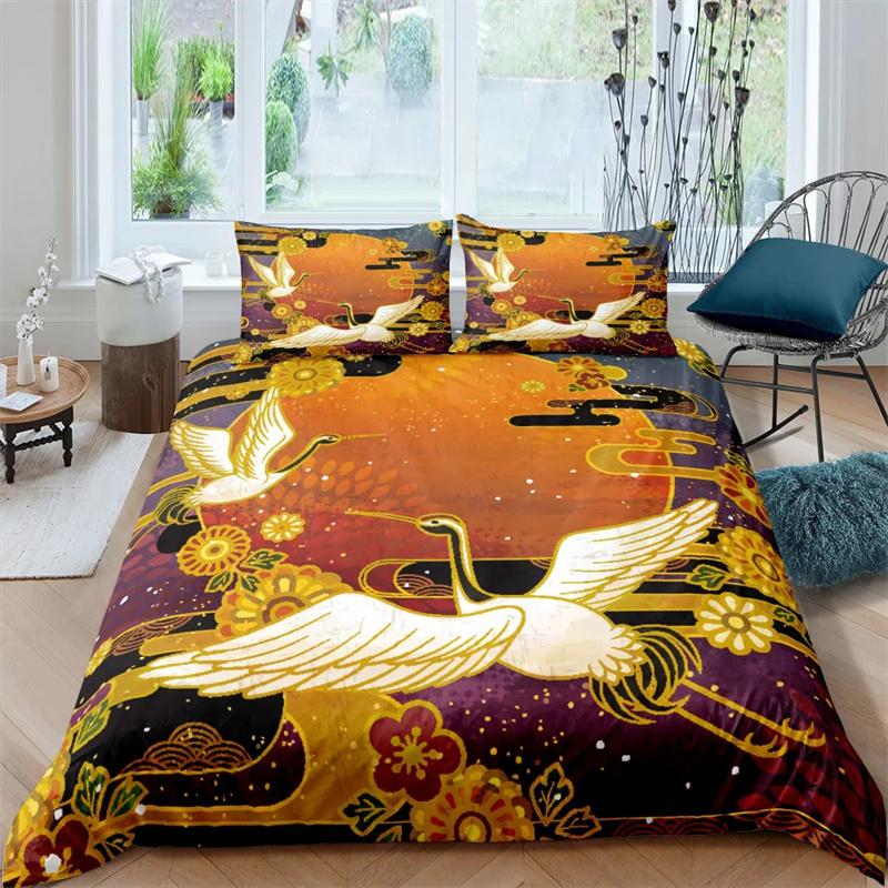 Japanese Crane Duvet Cover King Queen Size Wave Flower Ukiyo-e Style Bedding Set Eastern Culture 2/3pcs Polyester Quilt Cover