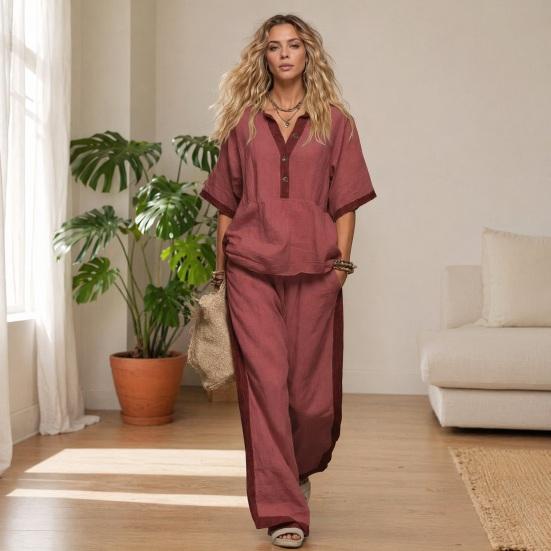 Conjunto de Algodón y Lino para Mujer, Verano, Cuello en V, Corte Holgado y Cintura Elástica, Pantalones Palazzo de 2 Piezas, Conjunto Casual Cómodo de Top y Pantalones de Pierna Ancha para el Hogar