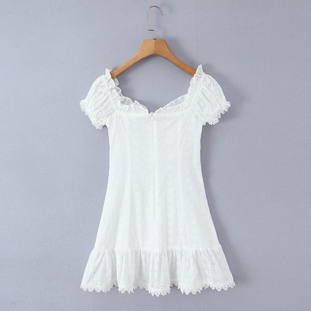 White One-Shoulder Lace Patchwork Slim Summer Dress with Cinched Waist and Short Sleeves