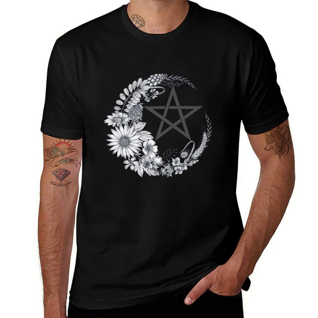 Pentagram with Flower Moon TShirt Fashion Casual Short Sleeve TShirt