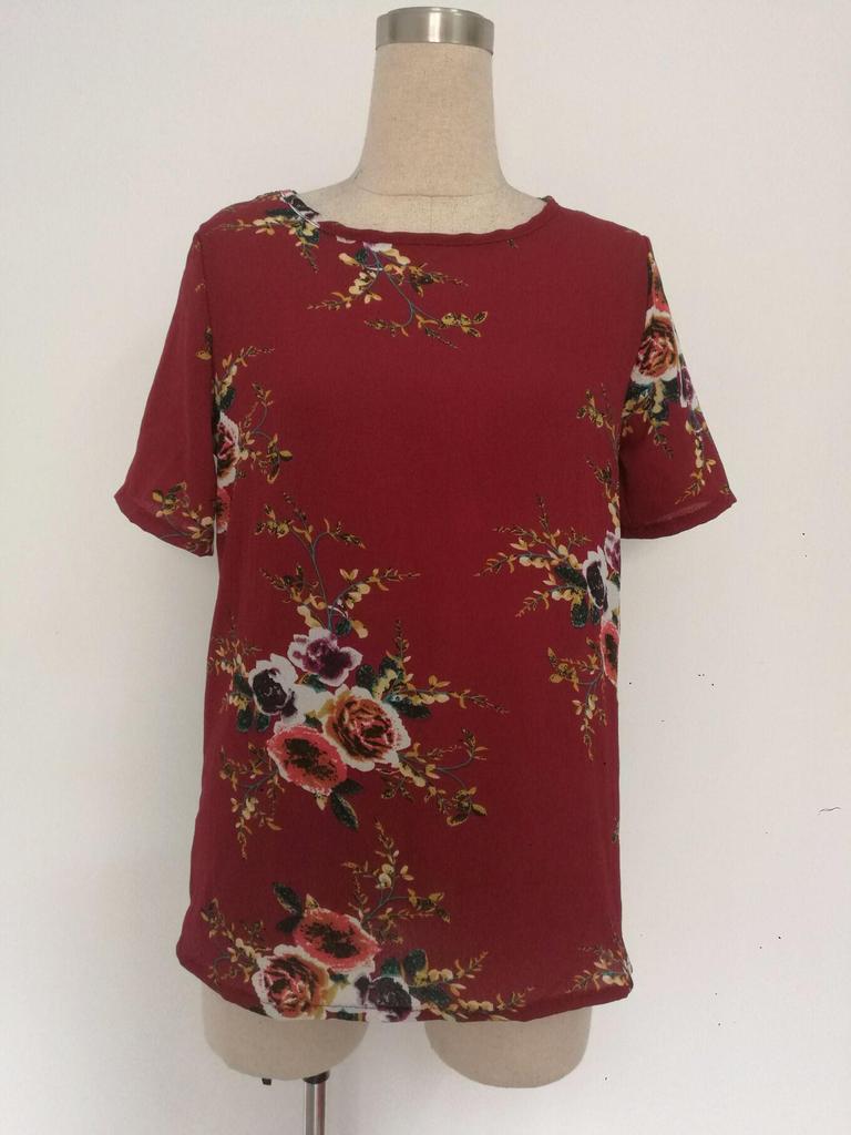 Available: Spring/Summer 2026 Women's Casual Chiffon Short Sleeve Round Neck Printed Top - 7 Colors, 6 Sizes